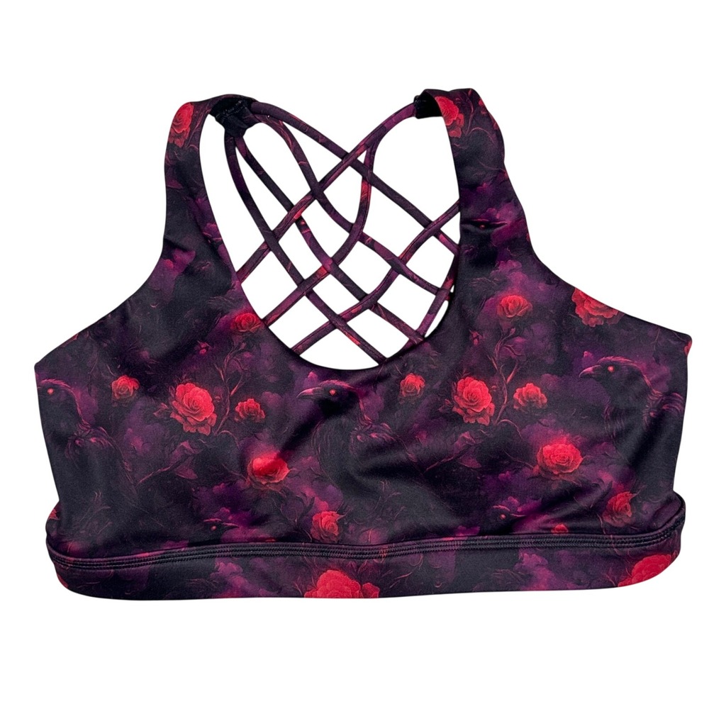 CVG Sports Bra Womens Medium Purple Raven Red Rose Strappy Back Yoga Gym Fitness